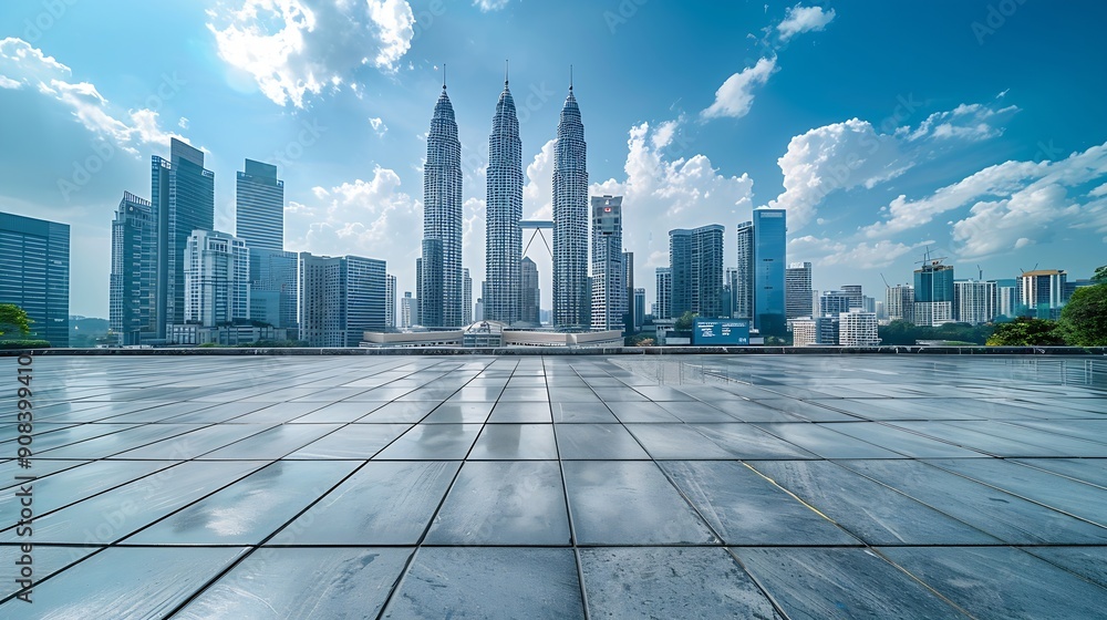 Panoramic skyline and modern business office buildings with empty roadempty concrete square floor : Generative AI Panoramic skyline and modern business office buildings with empty roadempty concrete square floor : Generative AI