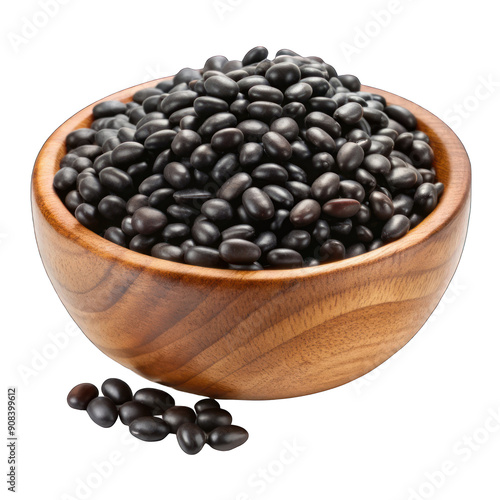 Black beans grains on wooden bowl isolated on transparent background