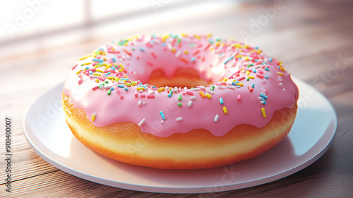 3D rendering of a pink donut with colorful sprinkles on top, placed in a white plate on a wooden table