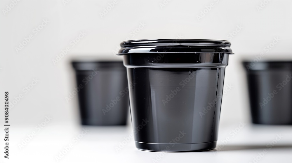 Black plastic disposable sauce cup isolated on white : Generative AI Black plastic disposable sauce cup isolated on white : Generative AI
