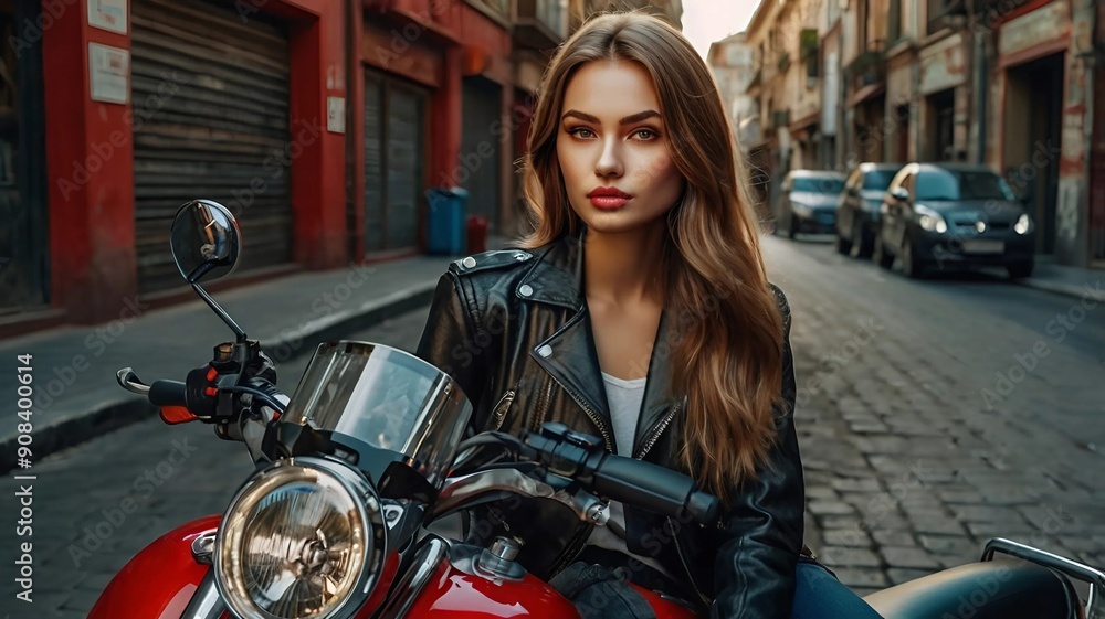 A beautiful brunette on a motorcycle looks at the camera A beautiful brunette on a motorcycle looks at the camera