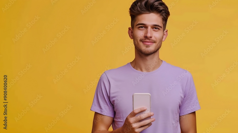 Young man wear light purple tshirt casual clothes hold in hand use close up mobile cell phone with blank screen workspace area isolated on plain yellow background studio portrait Lifes : Generative AI Young man wear light purple tshirt casual clothes hold in hand use close up mobile cell phone with blank screen workspace area isolated on plain yellow background studio portrait Lifes : Generative AI