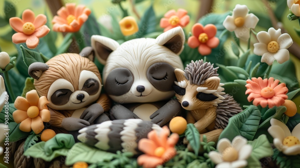 Fototapeta premium Three adorable raccoons sleep peacefully amidst a field of colorful flowers.
