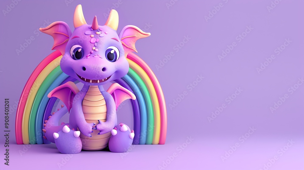 A cute purple dragon with a rainbow behind it on a purple background. A cute purple dragon with a rainbow behind it on a purple background.
