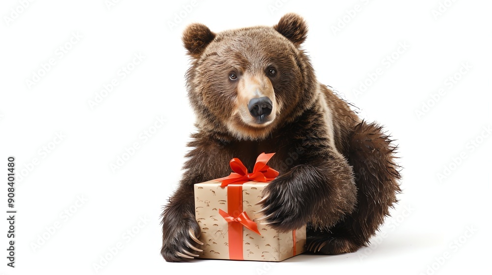 A brown bear holding a gift on a white background. A brown bear holding a gift on a white background.