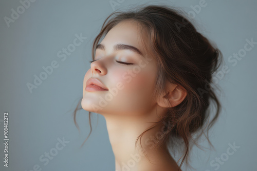 A close up of a girl's face with her eyes closed