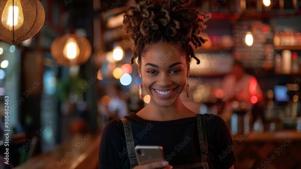 Happy young woman and restaurant owner holds her phone expertly using mobile technology to manage her small business with ease Female entrepreneur making success in the hospitality ind : Generative AI Happy young woman and restaurant owner holds her phone expertly using mobile technology to manage her small business with ease Female entrepreneur making success in the hospitality ind : Generative AI