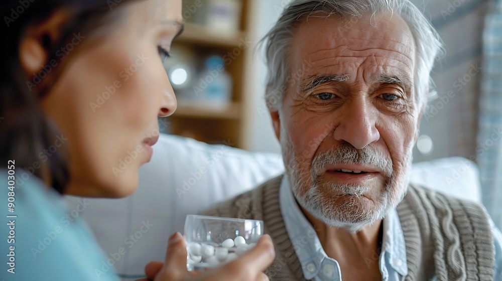 Senior man with glass of water taking pill from caregiver in nursing home : Generative AI Senior man with glass of water taking pill from caregiver in nursing home : Generative AI