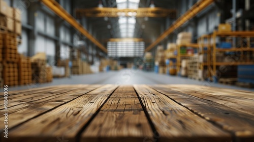 Empty wood table top with blur background of warehouse of factory The table giving copy space for placing advertising product on the table along with beautiful industrial warehouse bac : Generative AI