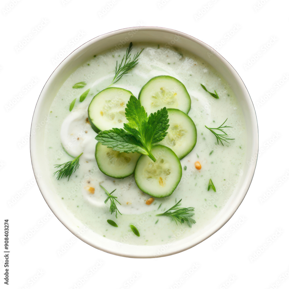Chilled cucumber and yogurt soup on white bowl on transparent background Chilled cucumber and yogurt soup on white bowl on transparent background