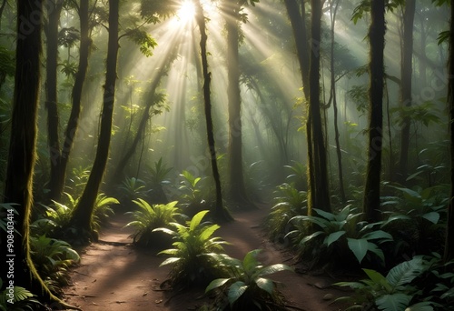 Sun rays in the forest morning in the jungle misty morning in the forest rays of light in forest