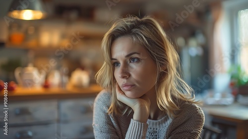 Wallpaper Mural Pensive thoughtful woman with distressed mood stands in kitchen of home Anxiety fear Tired frustrated blonde woman feel bad looking sadly away Midlife crisis despair sadness negative e : Generative AI Torontodigital.ca