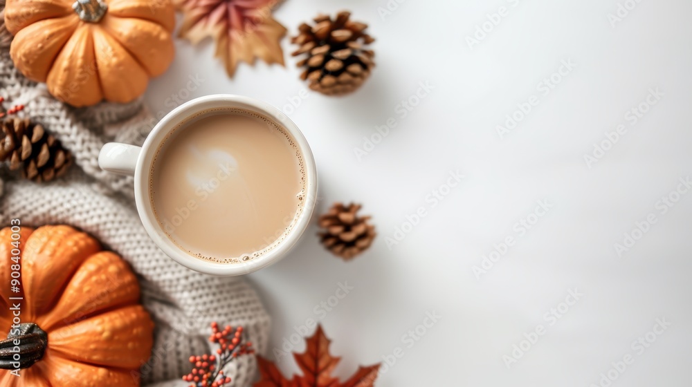 A cozy autumn scene featuring a warm cup of coffee surrounded by pumpkins, pine cones, and colorful fall leaves. A cozy autumn scene featuring a warm cup of coffee surrounded by pumpkins, pine cones, and colorful fall leaves.