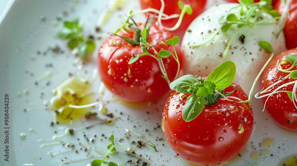 Tomato Caprese salad with mozzarella and micro sprouts on white background : Generative AI Tomato Caprese salad with mozzarella and micro sprouts on white background : Generative AI