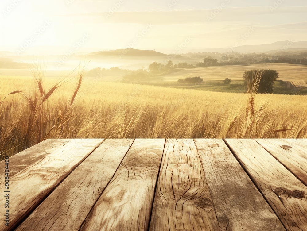 Weathered wooden table with a soft-focused view of a farm field, golden wheat swaying in the breeze, Realistic, Earth Tones