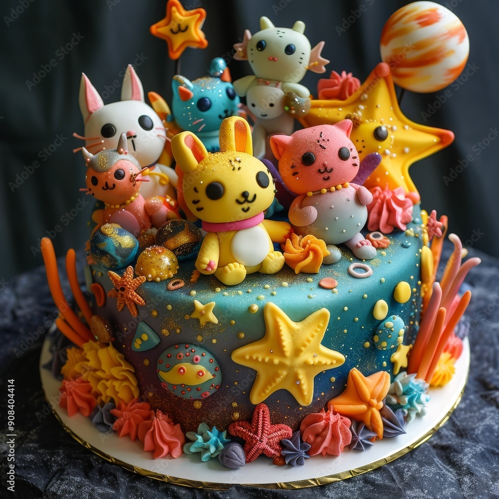A whimsical space-themed cake decorated with adorable animal figurines, stars, and planets. A whimsical space-themed cake decorated with adorable animal figurines, stars, and planets.