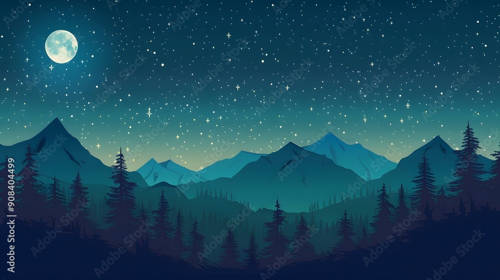 Fototapeta premium A serene night landscape with a full moon, stars, mountains, trees, and a reflective lake. The tranquil scene captures the beauty of nature under the night sky.