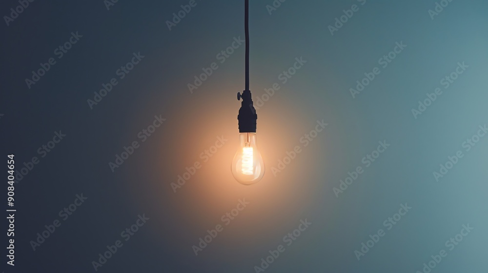 Single light bulb hanging from a cord, against a soft blue background. Single light bulb hanging from a cord, against a soft blue background.