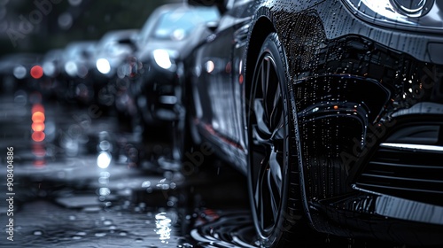 Black sedan cars standing in a row Fleet of generic modern cars Transportation Luxury car fleet consisting of generic brandless design isolated in dark background after rain wet surfac : Generative AI photo