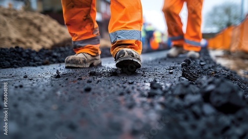 roadworkers in hiviz and boots laying hot tarmac new road surface on residential housing development site : Generative AI photo