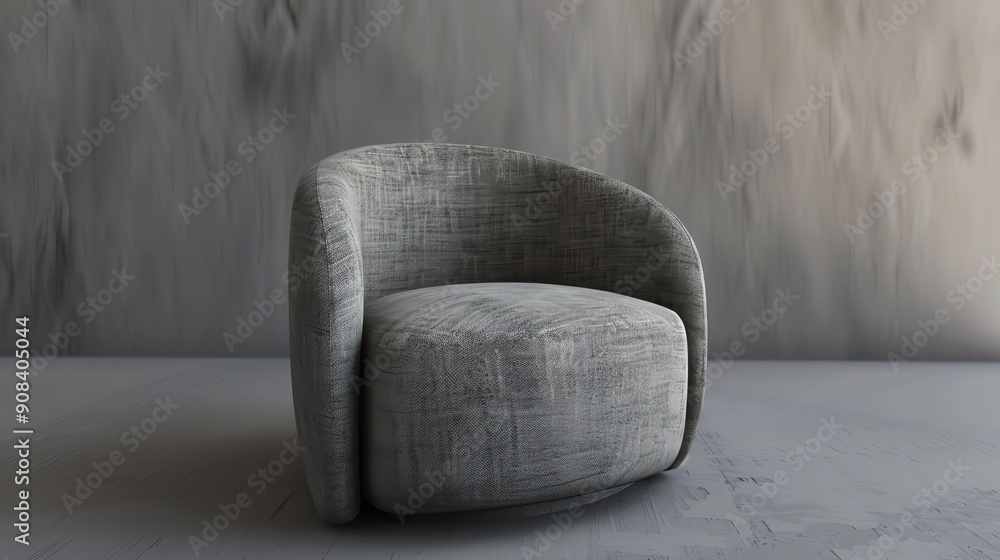 A gray upholstered armchair in a room with a gray wall. A gray upholstered armchair in a room with a gray wall.