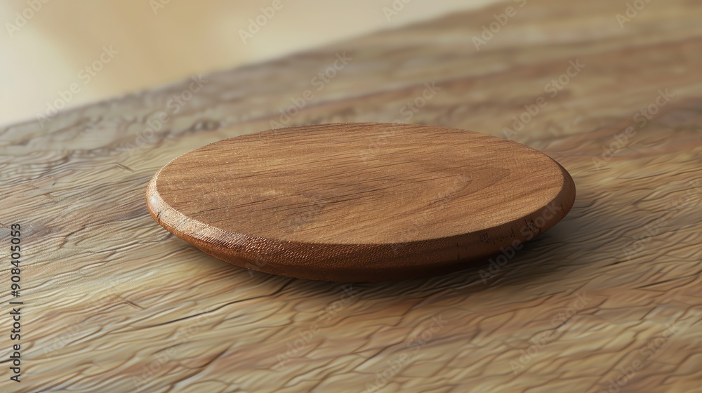 A round wooden coaster on a rustic wooden table. A round wooden coaster on a rustic wooden table.