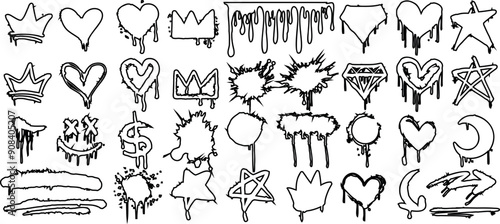 Graffiti symbol set including heart, crown, star, arrow, dollar sign, lip, and moon in black and white. Dripping and sketched style for urban, street art, and trendy designs