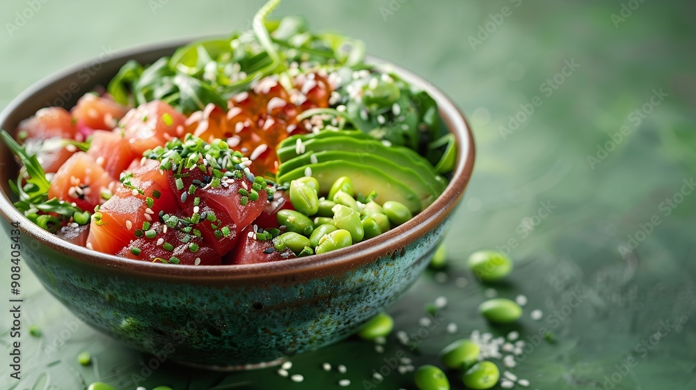 Side view of a vibrant poke bowl with tuna avocado and edamame Served in an Asian restaurant on a green monochromatic background : Generative AI Side view of a vibrant poke bowl with tuna avocado and edamame Served in an Asian restaurant on a green monochromatic background : Generative AI