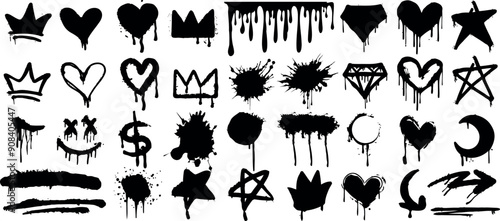 Graffiti art symbols, hearts, crowns, stars, paint splatters, dripping ink vector creative black ink designs, artistic street style, urban graphics, expressive, edgy, modern