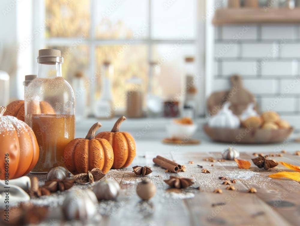 A table with a bottle of pumpkin spice and several pumpkins on it. Scene is warm and cozy, perfect for the fall season A table with a bottle of pumpkin spice and several pumpkins on it. Scene is warm and cozy, perfect for the fall season