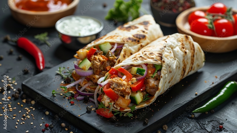 Delicious fresh shawarma with tomatoes peppers cucumber and sauces on a dark concrete background Fast food : Generative AI Delicious fresh shawarma with tomatoes peppers cucumber and sauces on a dark concrete background Fast food : Generative AI