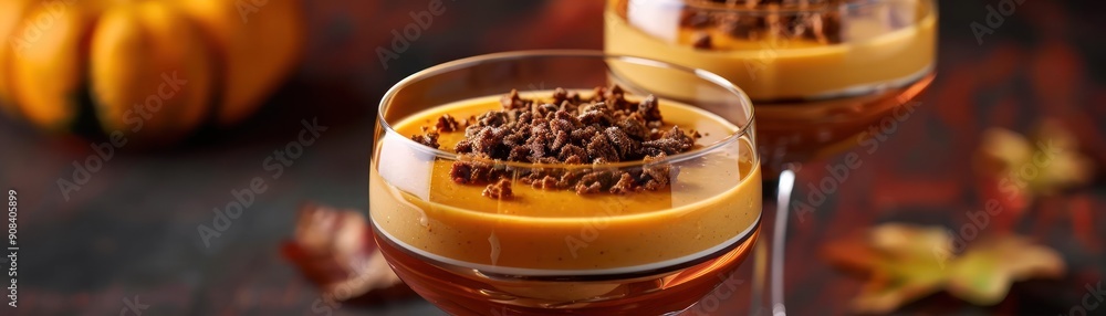 Two glasses of dessert with a pumpkin on the table Two glasses of dessert with a pumpkin on the table