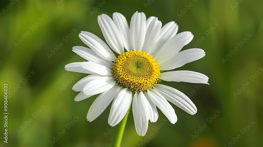Fototapeta premium A single daisy in a field with a green, blurred background.
