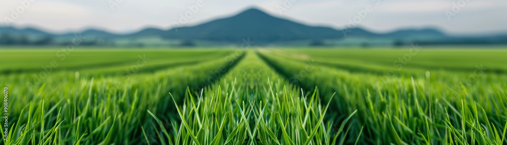 A peaceful landscape featuring a lush green field with clear rows of grass leading to distant mountains under a serene sky. A peaceful landscape featuring a lush green field with clear rows of grass leading to distant mountains under a serene sky.