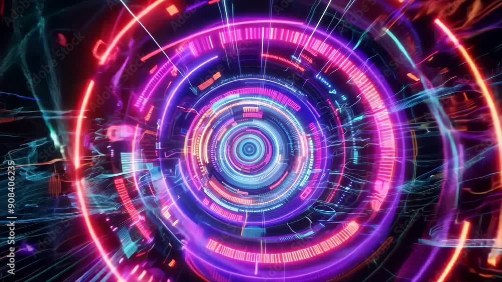 Vivid neon rings spiraling inwards in a dazzling display of colors Vivid neon rings spiraling inwards in a dazzling display of colors