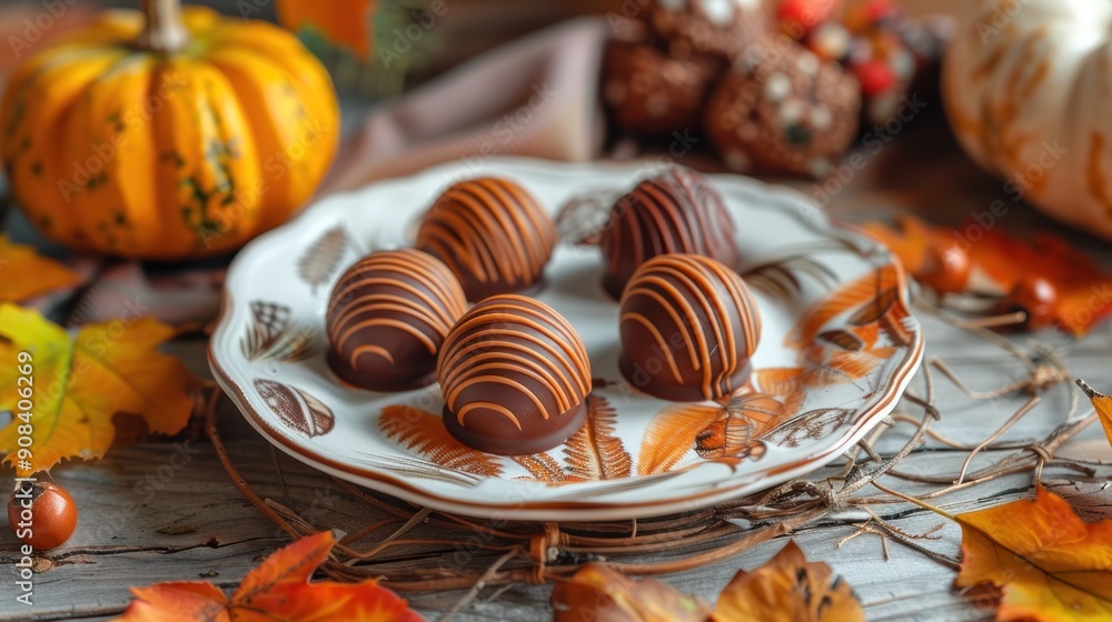 A plate of chocolate covered doughnuts sits on a wooden table with autumn leaves scattered around it A plate of chocolate covered doughnuts sits on a wooden table with autumn leaves scattered around it