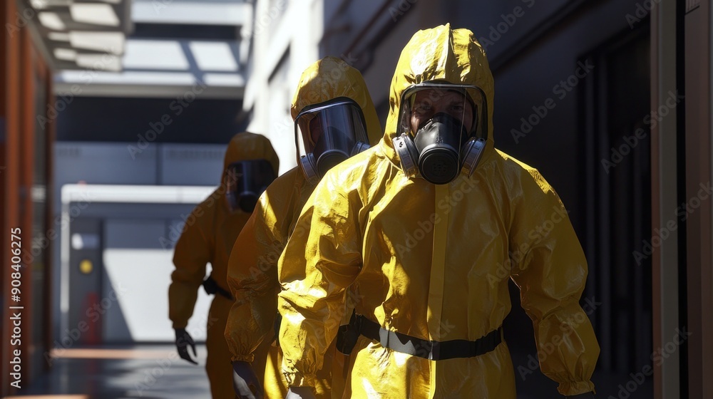 Naklejka premium Generate a photo realistic image of workers training on biohazard handling procedures, with biohazard suits, containment measures, and decontamination protocols visible