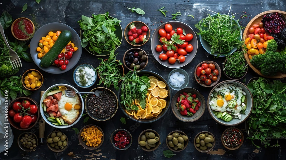 Food Photography - Top Down View of Bowls with Ingredients for a Healthy Salad, with Lemon Slices, Black Peppercorns, Fresh Tomatoes, and Other Vegetables - Flat Lay Food Photography - Top Down View of Bowls with Ingredients for a Healthy Salad, with Lemon Slices, Black Peppercorns, Fresh Tomatoes, and Other Vegetables - Flat Lay