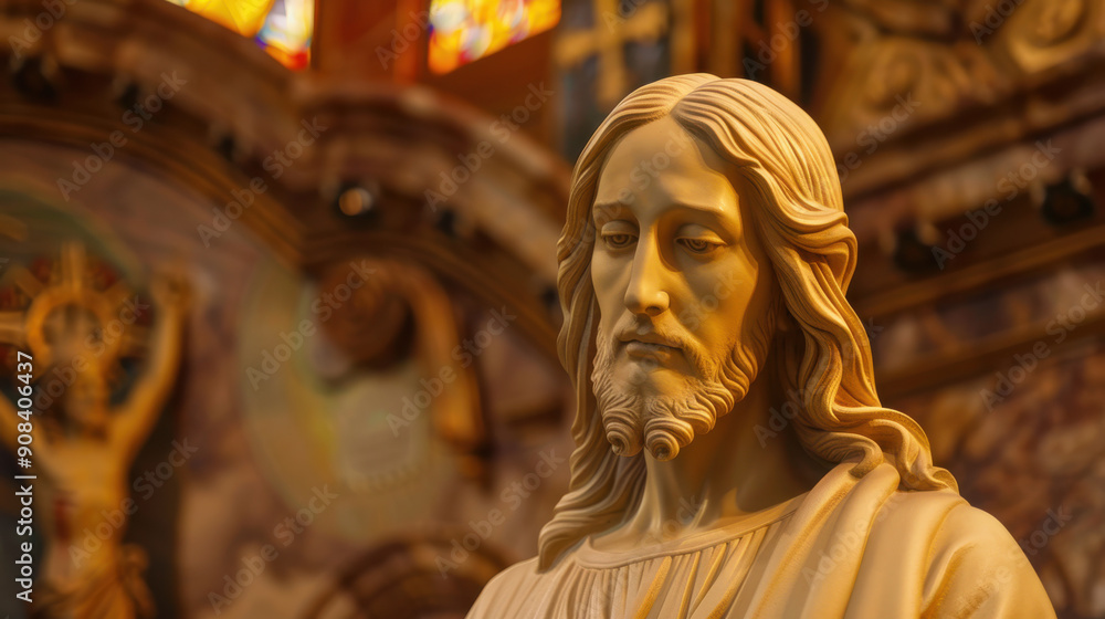 A lifelike sculpture of Jesus Christ, with a compassionate expression, dressed in flowing robes, positioned in front of an ornate church wall A lifelike sculpture of Jesus Christ, with a compassionate expression, dressed in flowing robes, positioned in front of an ornate church wall