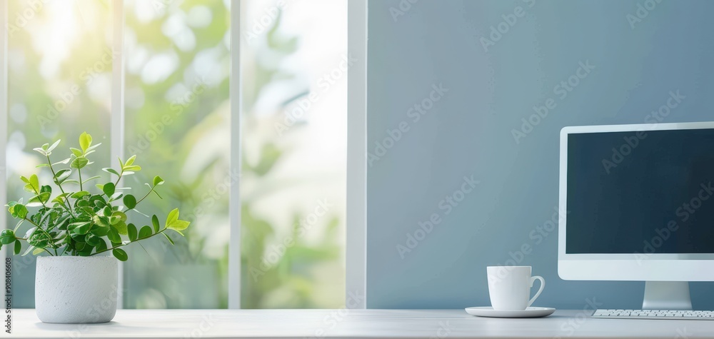 A bright and modern workspace featuring a computer, cup, and potted plant, creating a fresh and inspiring atmosphere. A bright and modern workspace featuring a computer, cup, and potted plant, creating a fresh and inspiring atmosphere.