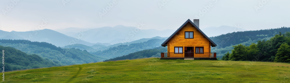 Charming wooden cabin on a grassy hill with panoramic mountain views under a serene sky, perfect for a peaceful retreat or nature getaway. Charming wooden cabin on a grassy hill with panoramic mountain views under a serene sky, perfect for a peaceful retreat or nature getaway.