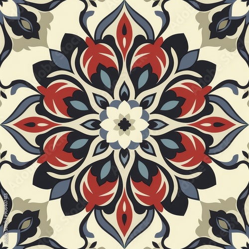 Intricate Mandala Pattern with Red, Blue, and White Color Scheme