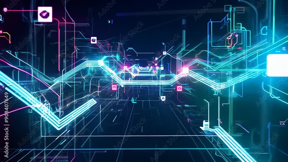 Futuristic cybernetic cityscape with vibrant neon lines and technological structures Futuristic cybernetic cityscape with vibrant neon lines and technological structures