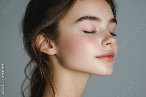 A close up of a girl's face with her eyes closed