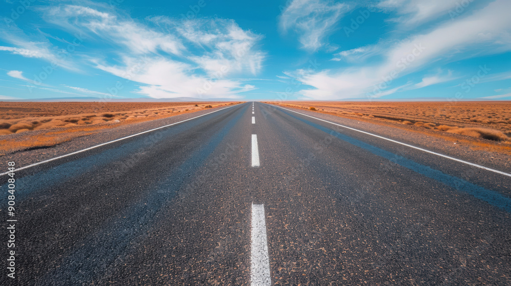 Straight road stretching into the horizon under a vibrant blue sky with wispy clouds, surrounded by a vast desert landscape. Straight road stretching into the horizon under a vibrant blue sky with wispy clouds, surrounded by a vast desert landscape.