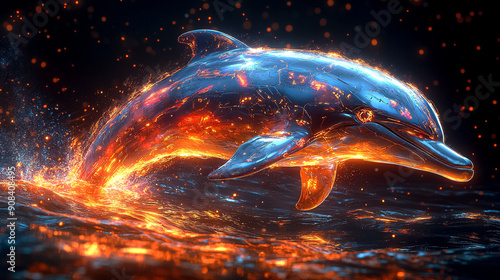 A dolphin is swimming in the ocean with fire coming out of its mouth