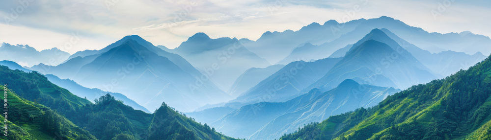 Fototapeta premium Panoramic view of lush green mountains layered with mist, featuring rolling hills and mesmerizing blue hues under a subtly cloudy sky.