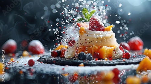 Delicious Fruit Dessert with Whipped Cream and Powdered Sugar - Food Photography photo