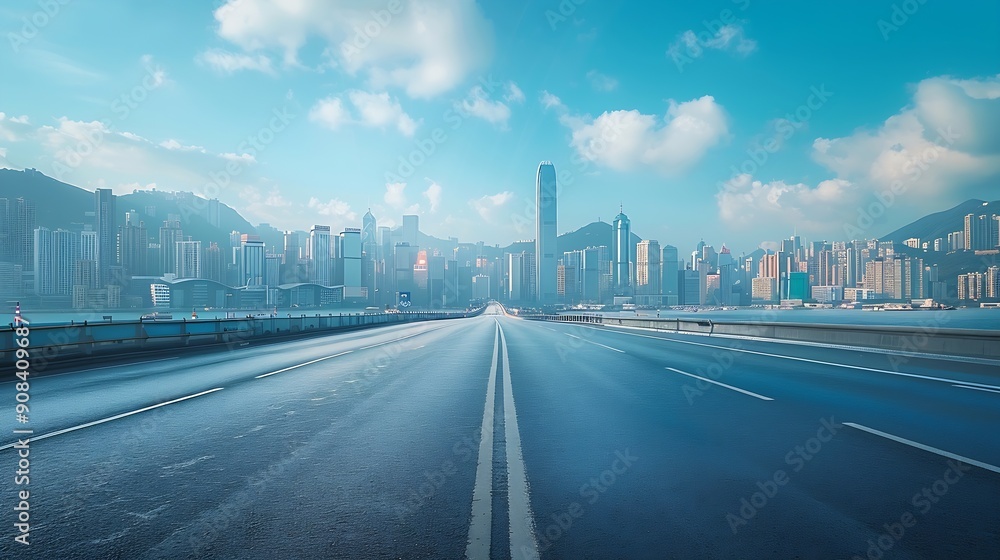Fototapeta premium Panoramic skyline with empty road : Generative AI