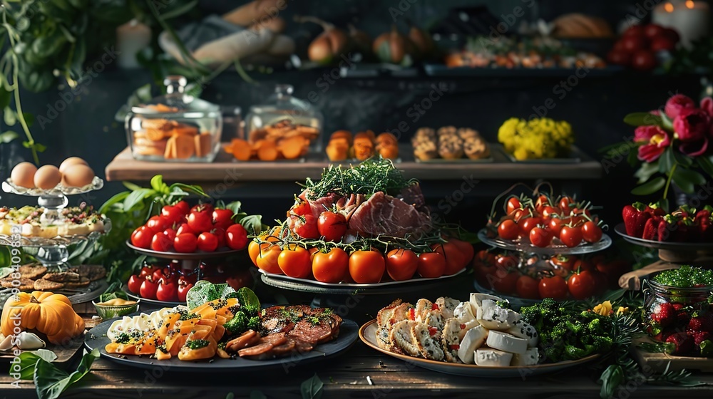 Gourmet Food Spread, Cherry Tomatoes, Prosciutto, and Cheese - Realistic Image Gourmet Food Spread, Cherry Tomatoes, Prosciutto, and Cheese - Realistic Image